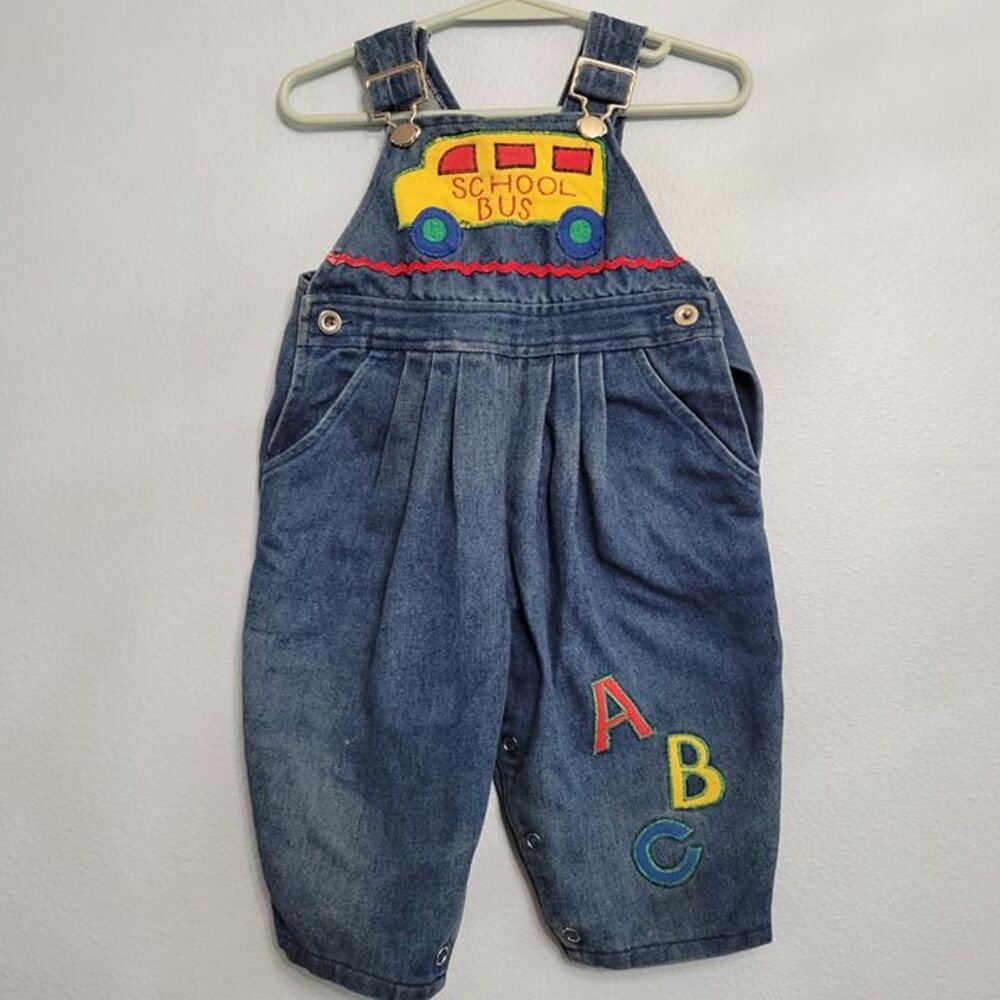 Vintage 90s Y2K Denim Overalls Pleated School Bus ABC's Girls Size 12-month